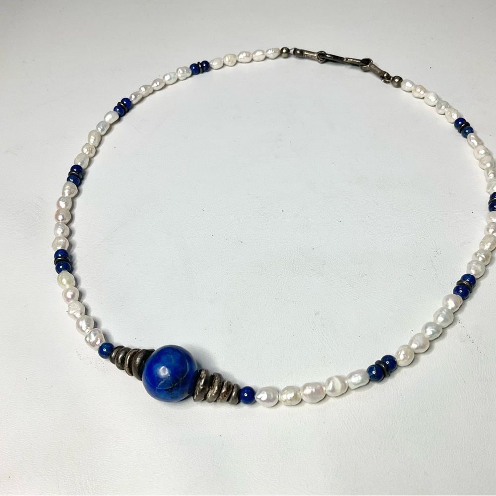 Vintage Lapis Pearl Sterling Silver Bead Necklace